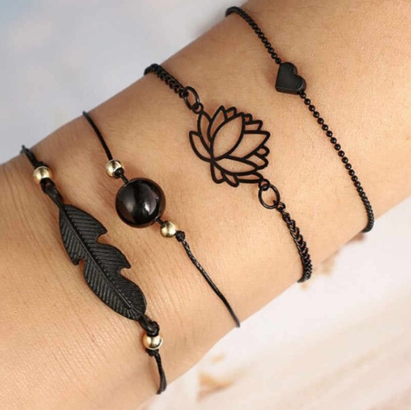 Boutique Jewelry - NEW 4 pc Black Boho Lotus Adjustable Bracelet Set